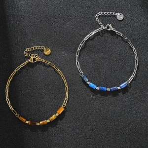 Stainless Steel Paperclip Chain Bracelet With Natural Tiger Eye And Lapis Lazuli Cylindrical Beads Adjustable For Women