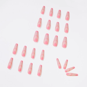 Long ballerina press-on nails with matte pink gradient and French tip design 24pcs
