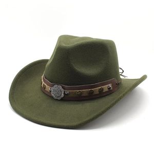 Detail of olive green wool fedora featuring a brown leather band with star metal studs