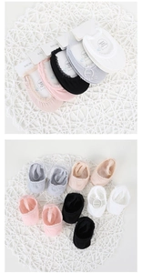 Detailed view of girls' cotton lace boat socks in pink, black, grey and white colors