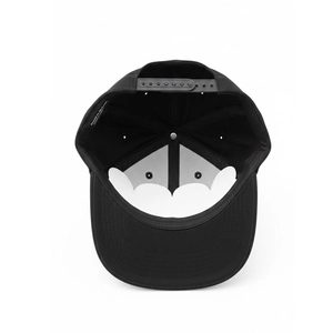 Inside view of black H snapback baseball cap featuring adjustable strap and inner tags