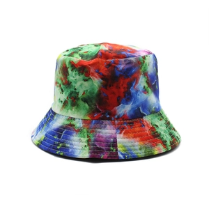 Colorful tie-dye bucket hat with wide brim and reinforced stitching for sun protection