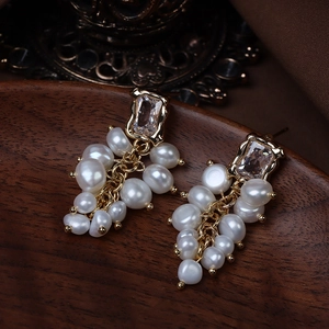Vintage gold plated grape-shaped dangle earrings with baroque pearls and zircon stones