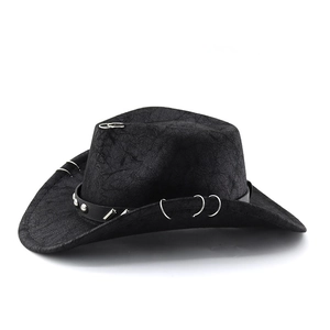 Detail of black suede cowboy hat featuring silver metal rings and punk rivet band