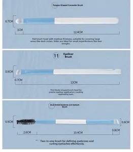 Detail of concealer, eyeliner, and double-ended brow brushes with size specifications