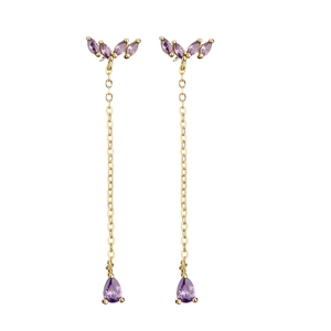 Gold-plated tassel earrings with purple marquise and teardrop zircon crystals on white