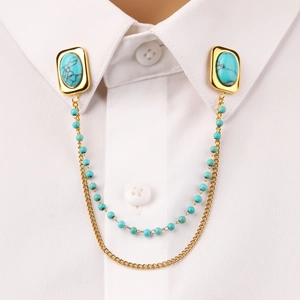 Oval turquoise stainless steel collar pin with hanging gold and bead chains for shirts