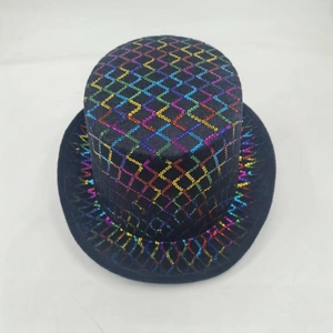 Black top hat with shimmering rainbow sequins in a geometric pattern for Halloween parties