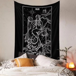 Böhmischer Wandteppich im Tarot-Stil XVII Der Stern in Schwarz-Weiß für Deko