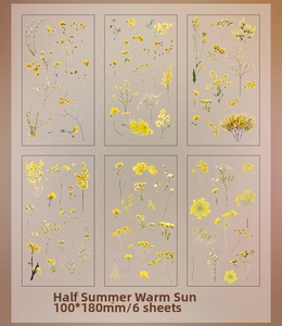 Detailed set of 6 vintage yellow floral PET stickers for journal decoration, 100x180mm