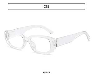 45-degree side view of transparent rectangular sunglasses with clear PC frames