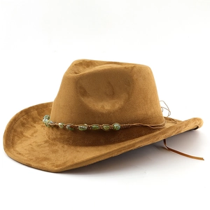 Detail of bohemian brown suede cowboy hat featuring a green turquoise stone beaded band