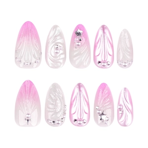 3D pink gradient shell press-on nails with pearls and 3D textures in 10-piece set
