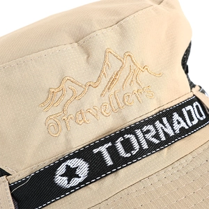 Outdoor wide brim sun hat in khaki ripstop fabric with Travellers embroidery and Tornado strap