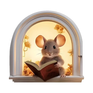 3D cute mouse reading a red book in an arched doorway wall sticker for home decor