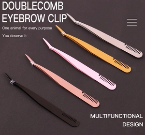 Five professional stainless steel double-ended eyebrow clips with integrated combs in various colors