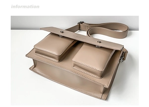 Detail view of khaki PU leather messenger bag featuring tactical pockets and metal buckles