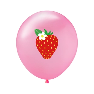 Pink latex balloon featuring red strawberry and white flower patterns for birthday decor