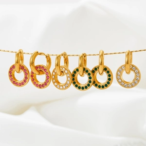 Stainless Steel Hoop Earrings With Detachable Cubic Zirconia Geometric Round Pendant Colorful Pavé Fashion Jewelry Women