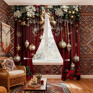 Detail of festive Christmas blackout curtains with poinsettia patterns and metal grommets