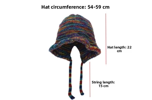 Size guide for knit rainbow earflap hat with 54-59cm circumference and 22cm length