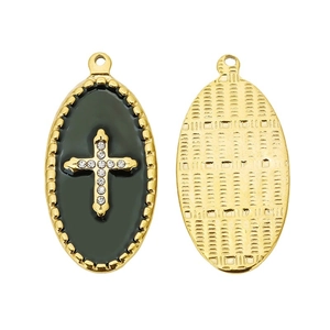 Gold oval 18k pendant with black enamel and diamond cross showing front and back views