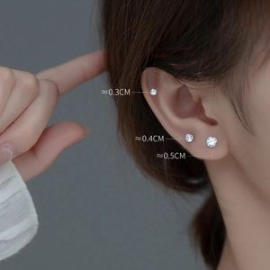 S925 sterling silver stud earrings with 4-prong round zircon in 0.3cm, 0.4cm and 0.5cm sizes