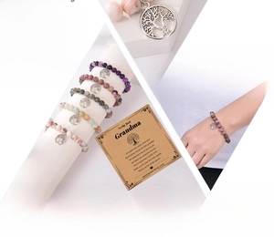 Macro details of purple agate tree of life bracelet with nana gift card set