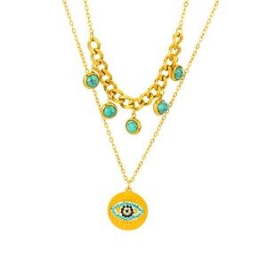 Collana a doppio strato in oro con perle turchesi e ciondolo occhio del diavolo