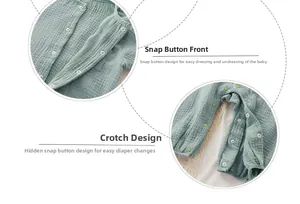 Detail view of cotton gauze baby romper featuring snap buttons on front and crotch area