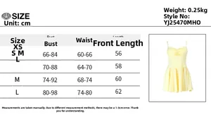 Size chart for a ruched mini dress showing bust, waist, and length measurements in cm