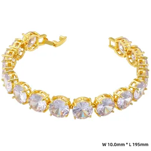 Luxurious gold tennis bracelet with 10mm round cubic zirconia stones on white background