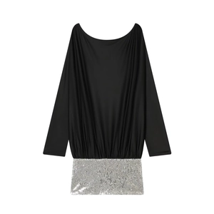Sequin Patchwork Mini Dress Off Shoulder Long Sleeve Milk Satin Sexy Bodycon Party Clubwear For Women