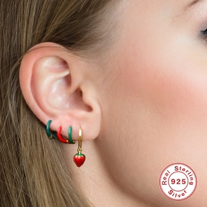 S925 sterling silver hoop earrings with colorful enamel and strawberry pendant design