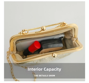 Capacity view of gold vintage evening bag showing phone, lipstick, and cosmetics inside