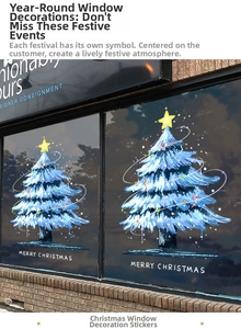 Close-up of blue Christmas tree window sticker with Merry Christmas text on glass