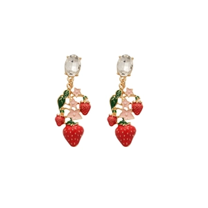 Vintage strawberry earrings with red enamel berries, pink flowers and clear crystals