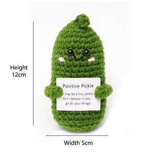 Handmade crochet positive pickle doll with encouragement card, 12cm tall detail view