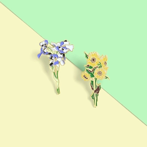 Artistic enamel sunflower and iris flower brooches in gold plating for women