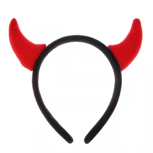 Detail view of red devil horn headband with black non-slip grip for party costumes