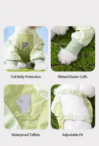 Dettaglio macro dei pantaloni impermeabili per cani con tessuto idrorepellente e polsini elastici