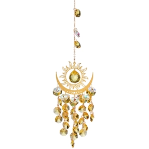 Detailed view of golden sun and moon suncatcher with amber crystal beads and metal chains