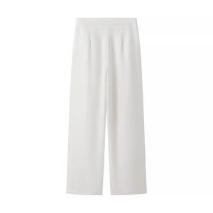 Flat lay of white high-waisted wide-leg trousers with elegant loose fit and smooth drape