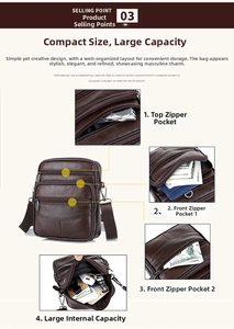 Detail view of brown pebbled leather messenger bag featuring multiple zipper compartments