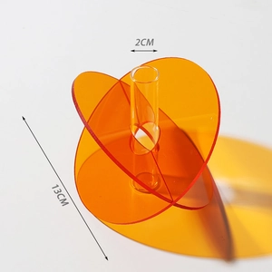 Detail of orange acrylic heart vase showing 2cm opening and 13cm side dimensions