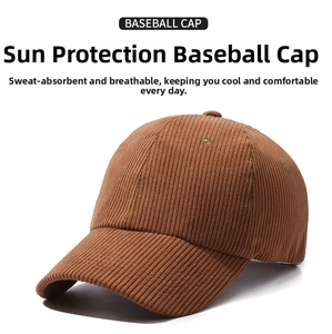 Macro detail of caramel corduroy baseball cap showing texture and stitched eyelets