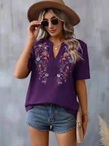 Short-sleeved purple V-neck embroidered top with retro floral patterns for women