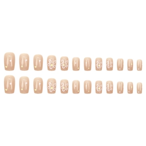 Short square nude pink press-on nails with white floral patterns and 24-piece set