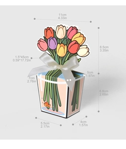 Detailed size chart of tulip flower gift box with white ribbon showing cm and inch