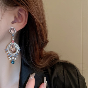 French vintage silver needle earrings with pink teardrop crystal and blue accents